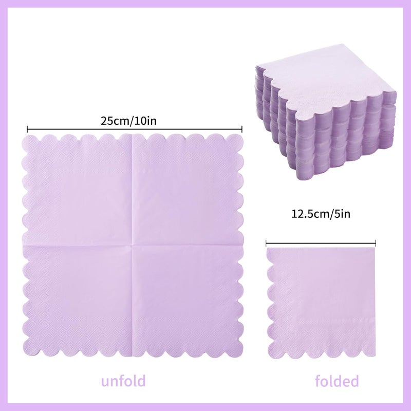 BEFORYOU 200 Pack Cocktail Napkin 2-Ply Scalloped Edged Dessert Napkins Folded 5 x 5 Inches Disposable Napkins for Dinner Wedding Birthday Party Bridal Anniversary Reception Event (Purple) - Image 2